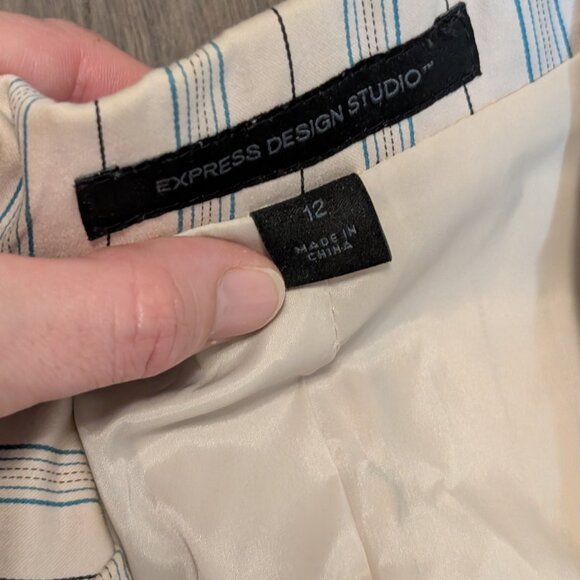 Express, Fitted Pinstriped Blazer, Light Beige w Teal, Hook Closure, Sz 12 - Picture 4 of 10